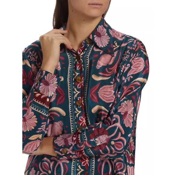 NEW Farm Rio Seashell Tapestry Buttoned Shirt Floral Salmon Pink Small - Picture 6 of 15